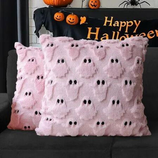 Halloween Ghost Decorative Pillow Covers 45x45cm Set of 2,Pink Soft Plush Faux Fur Farmhouse Throw Cushion Cases for Fall Autumn Holiday Home Decorations