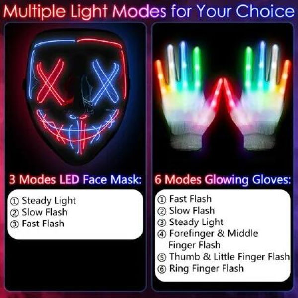 Halloween LED Scary Mask and Gloves Set - Light Up the Night with a Scary Mask and Glowing Gloves for an Unforgettable Costume Party or Cosplay