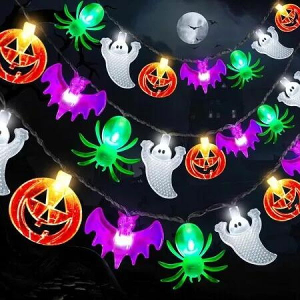 Halloween Lights Decorations, 40 LED Pumpkin Bat Ghost Spider Halloween String Lights Battery Operated, for Home Door Window Party Decor