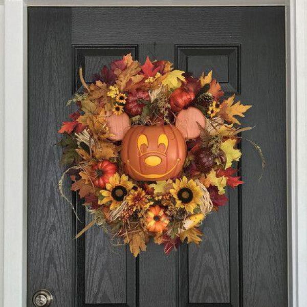 Halloween Mickey Pumpkin Wreath- Fall Wreath For Front Door Decor Artificial Maples Sunflower Fall Harvest Holiday Decor Indoor Outdoor