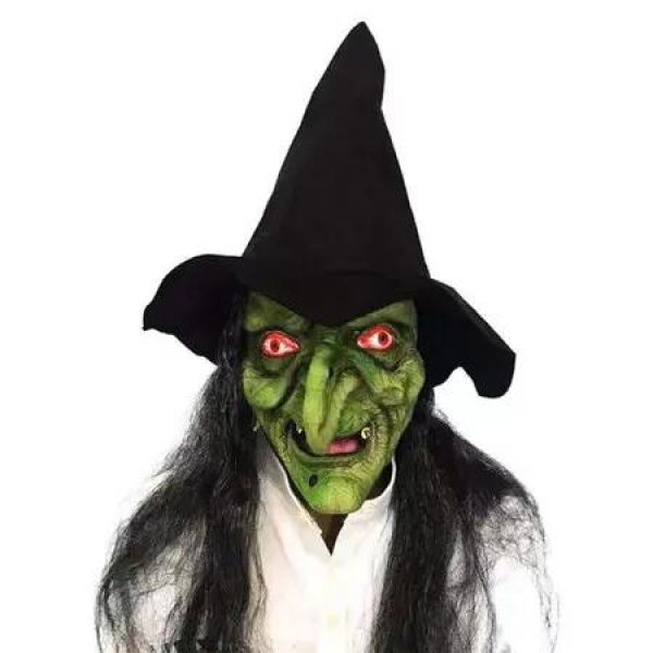 Halloween Old Witch Mask, Scary Green Creepy Old Hag Mask with Hair Hat Cosplay Prop Horror Wizard Dress Up Mask