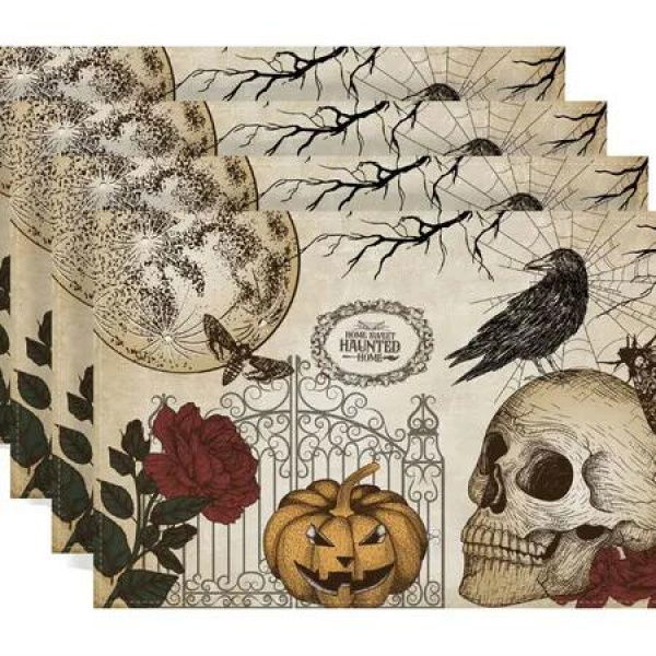 Halloween Placemats Halloween Gothic Skull Table Mats Day of The Dead Roses Skull Decor Halloween Decorations for Home Table Set of 4(30*45CM)