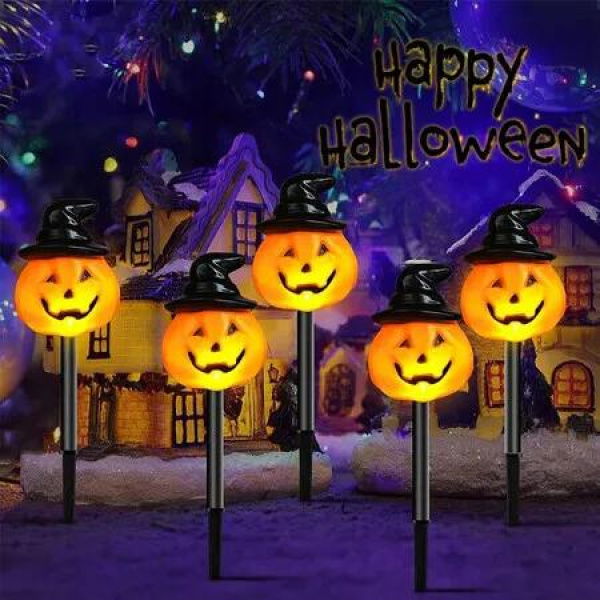 Halloween Pumpkin Pathway Solar Lights,Orange Jack O Lantern Stake String Lights for Outdoor Halloween Decorations,Outside Halloween Yard Display Solar LED Halloween Decor Front Porch Decor (5Pack)