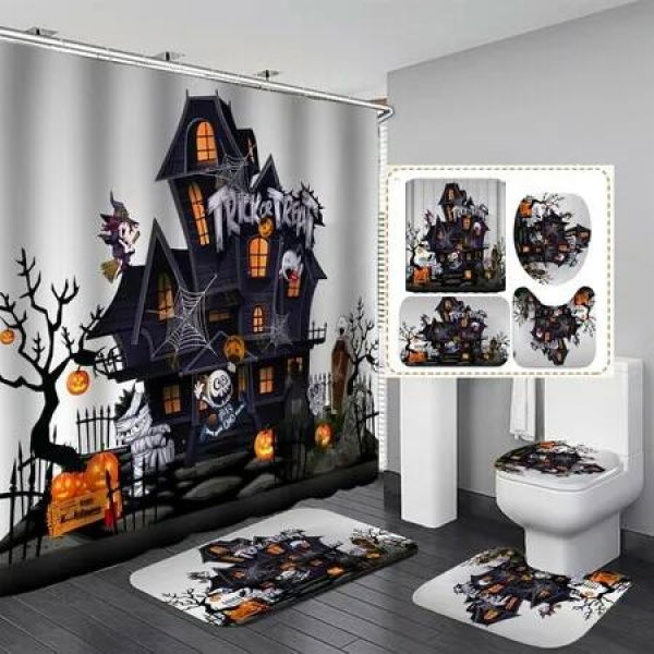 Halloween Shower Curtain Sets with Non Slip Rugs, Toilet Lid Cover and Bath Mat, Haunted House Pumpkin Shower Curtains with 12 Hooks