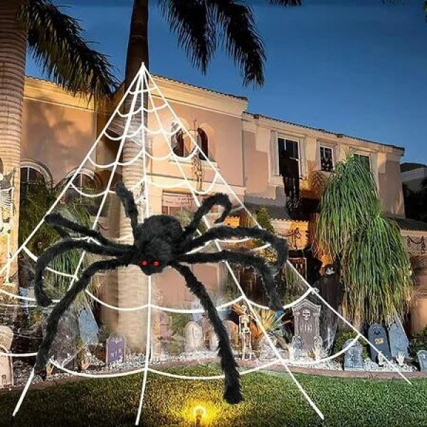 Halloween Spiders Web 5m Outdoor Decoration 1.1m Giant Scary Spider Fake Hairy Triangular Yard Lawn Tree Display Prop Festive Ornament
