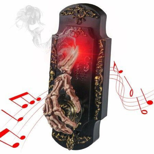 Halloween Spray Doorbell with Animated Skeleton Hand with Horrible Sounds LED Red Light White Smoke Trick or Treat Event for Kids