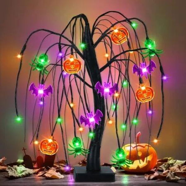 Halloween Table Decor 18 Inch 36 LED Halloween Willow Tree with Pumpkin Bat Spider Lights