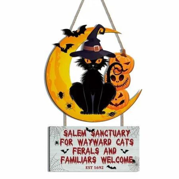 Halloween Welcome Front Door Signs Black Cat Sign Bat Wooden Plaques Spiderweb Witch Hat Wood Hanger Pumpkins Party for Doors Decor