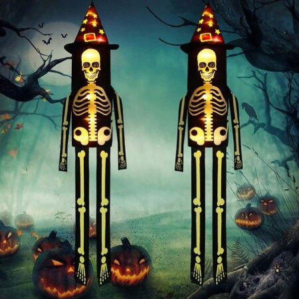 Halloween Windsock Flag Halloween Outdoor Decorations Hanging Glowing Witch Hat Windsock Flag Ghost For Trees Yard Front Door Decor (Skeleton)