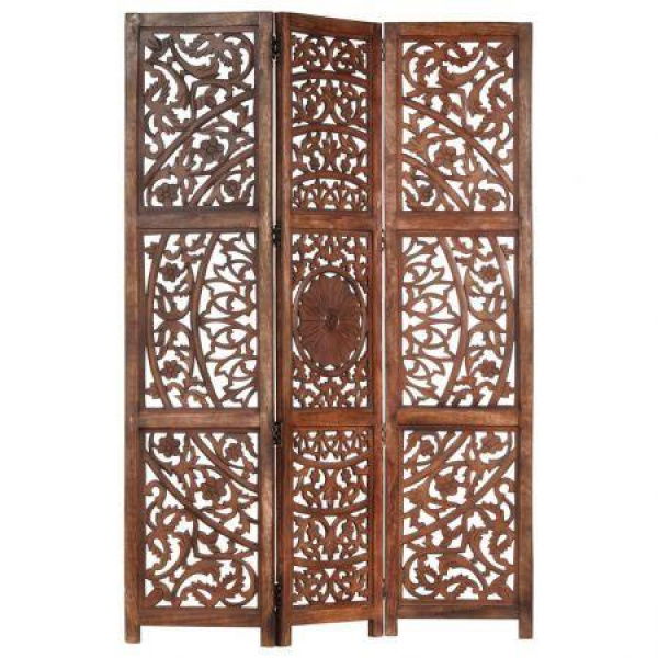 Hand Carved 3-Panel Room Divider Brown 120x165 Cm Solid Mango Wood