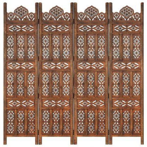 Hand carved 4-Panel Room Divider Brown 160x165 cm Solid Mango Wood