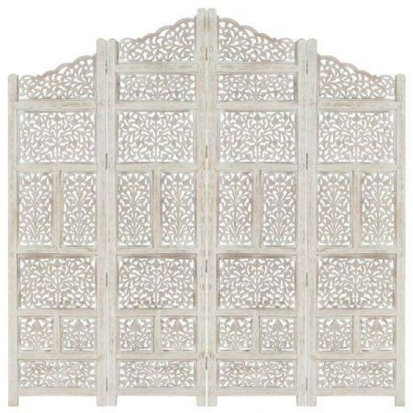 Hand Carved 4-Panel Room Divider White 160x165 Cm Solid Mango Wood