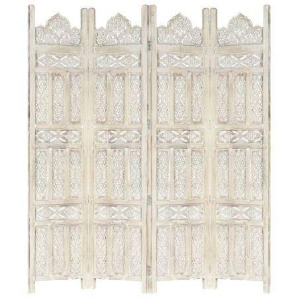 Hand carved 4-Panel Room Divider White 160x165 cm Solid Mango Wood