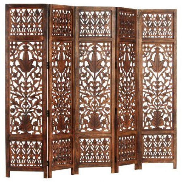 Hand Carved 5-Panel Room Divider Brown 200x165 cm Solid Mango Wood