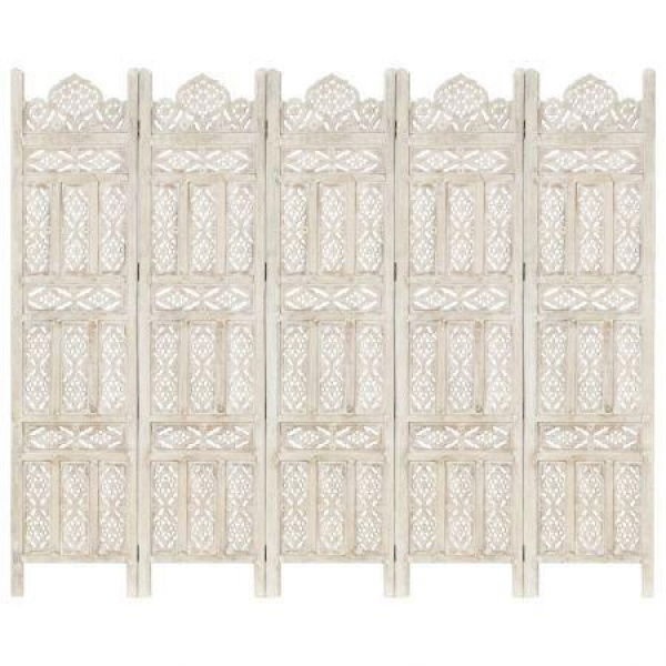 Hand Carved 5-Panel Room Divider White 200x165 Cm Solid Mango Wood