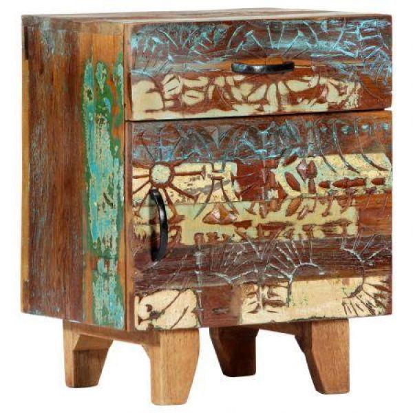 Hand Carved Bedside Cabinet 40x30x50 Cm Solid Reclaimed Wood