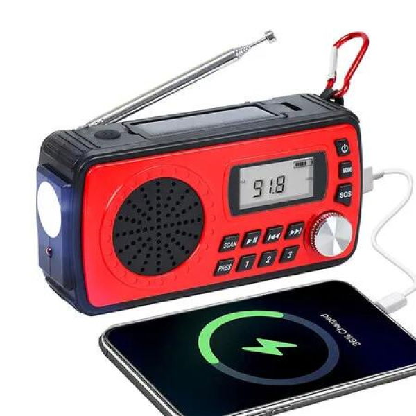 Hand Crank Radio, Solar AM/FM/NOAA Weather Portable Radio with Flashlight, Bluetooth Speaker, SOS, Power Bank & 4 Ways Powered (Red)