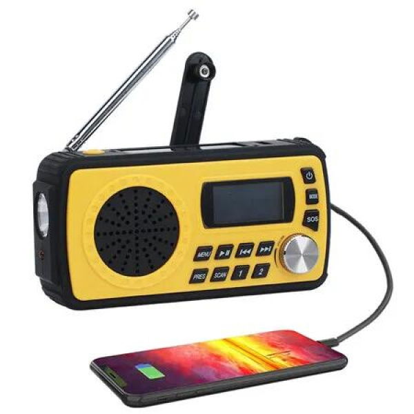 Hand Crank Radio, Solar AM/FM/NOAA Weather Portable Radio with Flashlight, Bluetooth Speaker, SOS, Power Bank & 4 Ways Powered (Yellow)