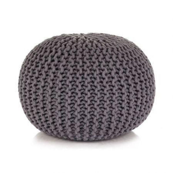 Hand-Knitted Pouffe Cotton 50x35 Cm Grey