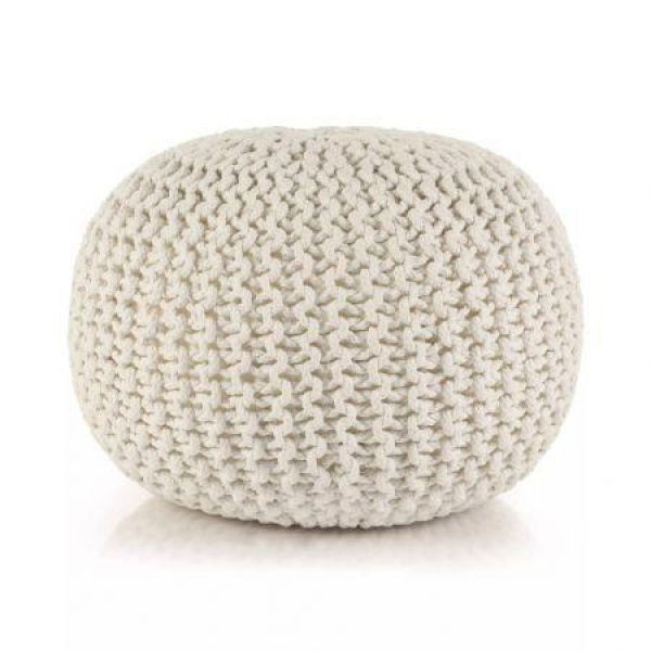 Hand-Knitted Pouffe Cotton 50x35 Cm White