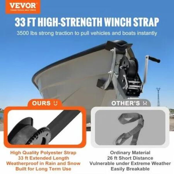 Hand Winch, 1587.5 kg Pulling Capacity, Boat Trailer Winch Heavy Duty Rope Crank with 10 m Polyester Strap and Two-Way Ratchet, Manual Operated Hand Crank Winch for Trailer, Boat or ATV Towing