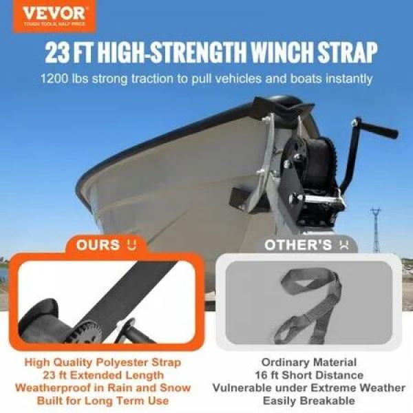 Hand Winch, 544.3 kg Pulling Capacity, Boat Trailer Winch Heavy Duty Rope Crank with 7 m Polyester Strap and Two-Way Ratchet, Manual Operated Hand Crank Winch for Trailer, Boat or ATV Towing