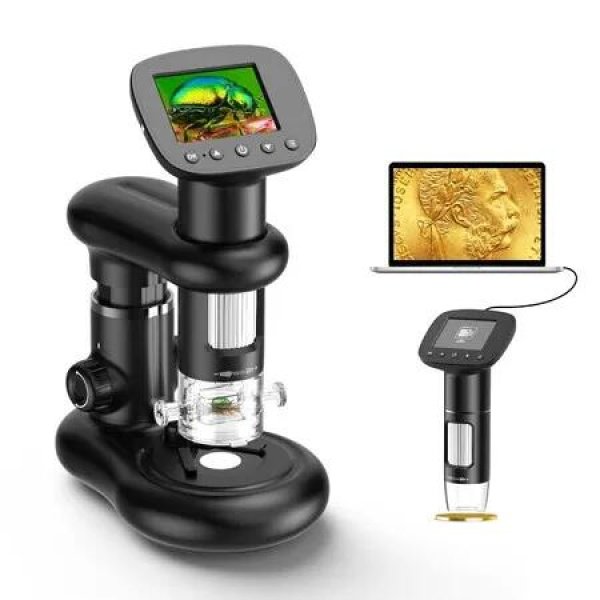 Handheld Digital Microscope with Stand,2 LCD Screen,1000X Pocket Microscope for Kids with 8 Adjustable LED Lights,Coins Electronic Magnifier Camera-Black
