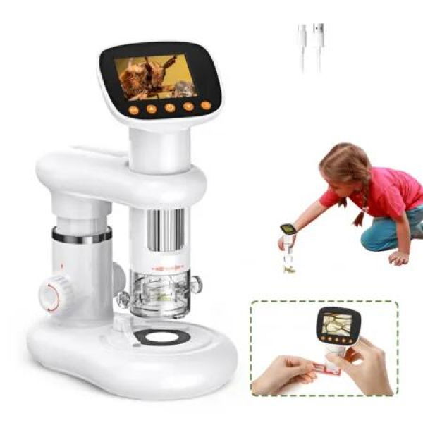 Handheld Digital Microscope with Stand,2 LCD Screen,1000X Pocket Microscope for Kids with 8 Adjustable LED Lights,Coins Electronic Magnifier Camera-White