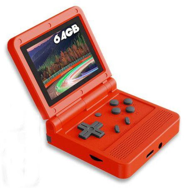 Handheld Game Console Retro Clamshell Built-in Rechargeable Battery Portable Style Flip Hand Held Game Video Consoles System Red 64GB