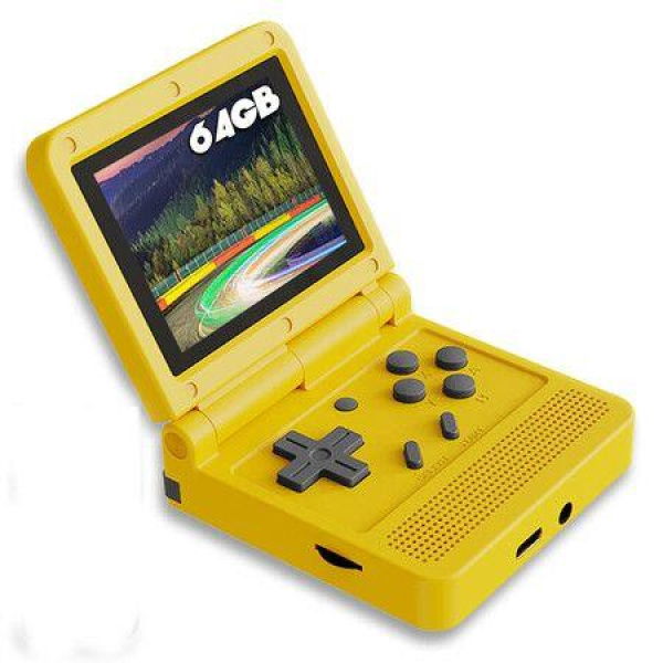 Handheld Game Console Retro Clamshell Built-in Rechargeable Battery Portable Style Flip Hand Held Game Video Consoles System Yellow 64GB