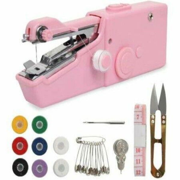 Handheld Sewing Machine 22 Pcs Mini Portable Cordless Sewing Household Quick Repairing Tool For Fabric Cloth Handicrafts Home Travel Use (Pink)