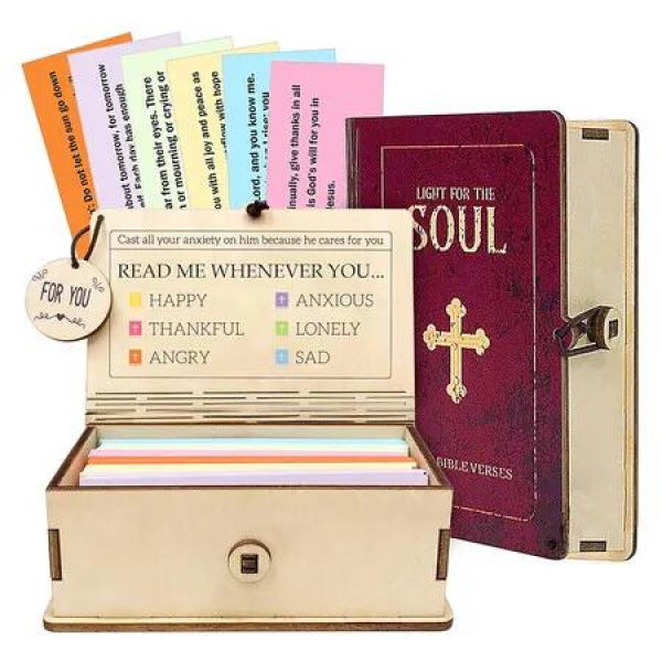 Handmade Bible Verse Cards Box with 150 pcs Cards, Bible Verses With Wooden Box for Emotion and Feeling, Inspirational Bible Gifts for Women Men