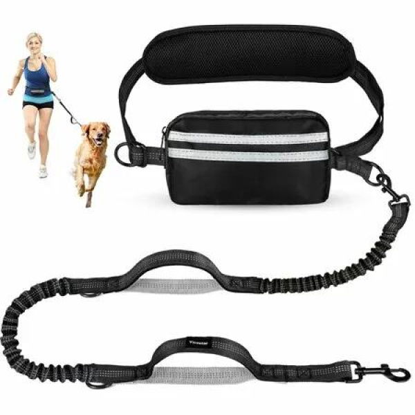 Hands Free Dog Leash, Adjustable Waist Belt with Double Padded Handles,Retractable Bungee for Medium Large Dogs for Dog Walking Running(Black-Silver)
