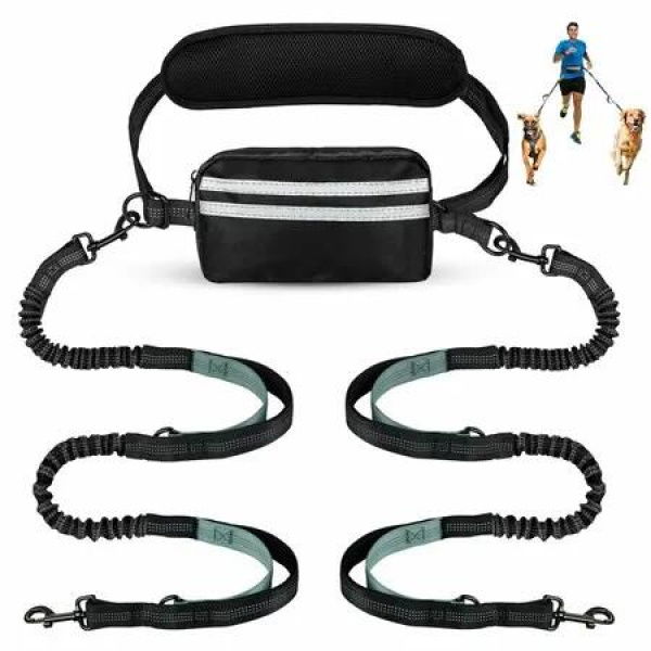 Hands Free Dog Leash with Pouch,Double Leash for Two Dogs Retractable Bungee with Double Padded Handles for Dog Walking Running Leash for Dogs,Green