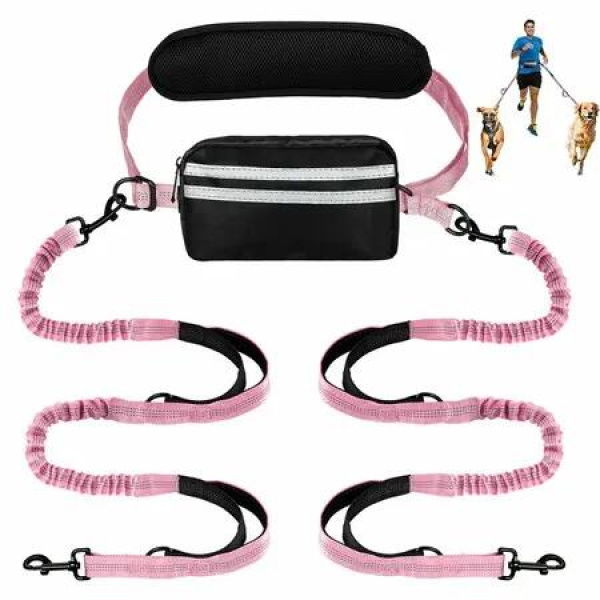 Hands Free Dog Leash with Pouch,Double Leash for Two Dogs Retractable Bungee with Double Padded Handles for Dog Walking Running Leash for Dogs,Pink