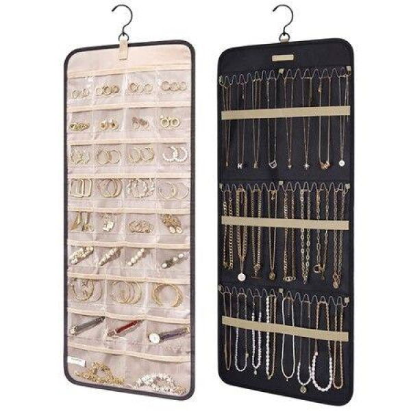 Hanging Jewelry Organizer Storage Roll With Hanger Metal Hooks Double-Sided Jewelry Holder For EarringsNecklacesRings On ClosetWallDoor1 PieceLargeBlack