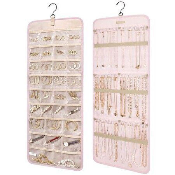 Hanging Jewelry Organizer Storage Roll With Hanger Metal Hooks Double-Sided Jewelry Holder For EarringsNecklacesRings On ClosetWallDoor1 PieceLargePink