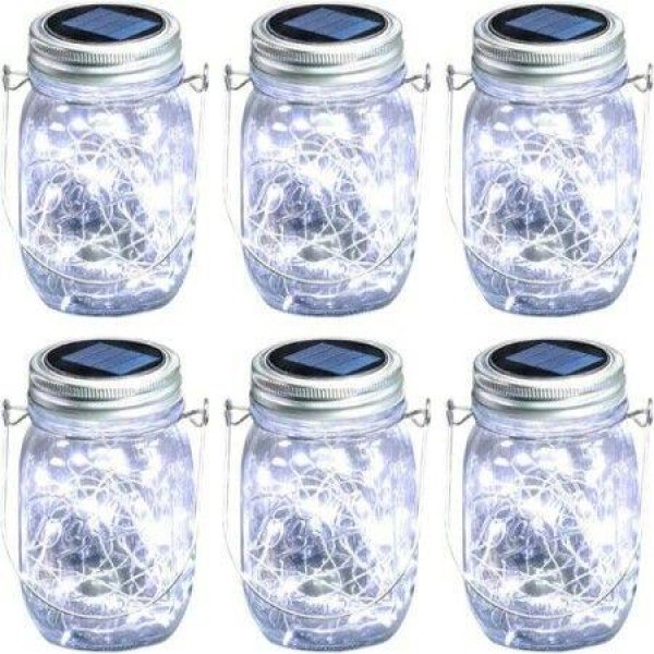 Hanging Mason Jar Solar Lights 6 Pack 20 LEDs IPX6 Waterproof Fairy Lights With Jars And Hangers Daylight Color