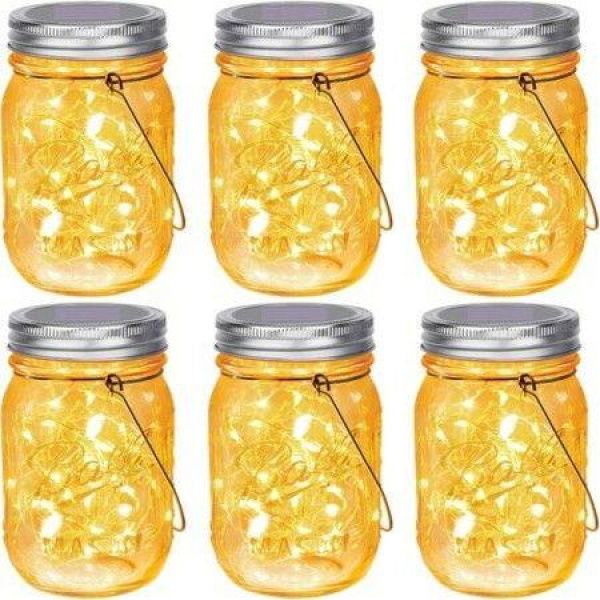 Hanging Mason Jar Solar Lights 6 Pack 20 LEDs IPX6 Waterproof Fairy Lights With Jars And Hangers Warm Light Color