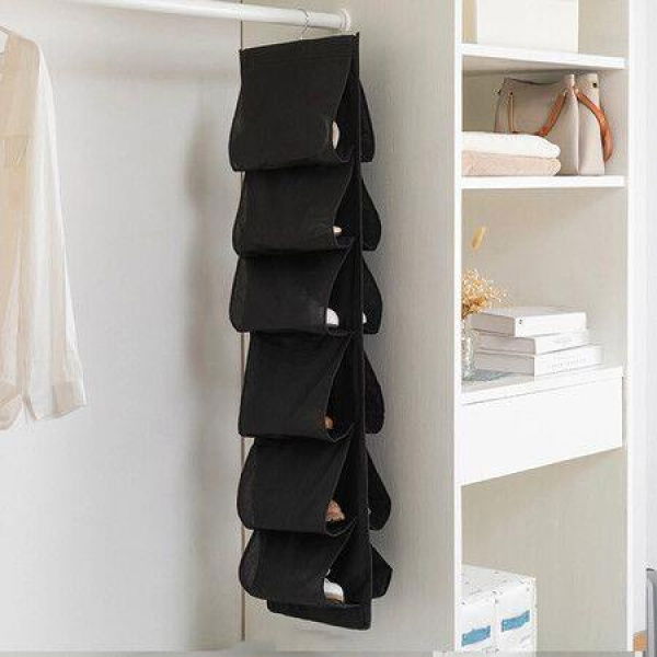 Hanging Shoe Organizer,Shoe Storage Bag Non-Woven Hanging Closet Organizers,12 Compartment Dustproof Storage Convenient Shoe Rack(Black)