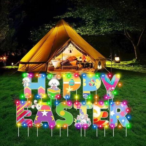 Happy Easter Yard Signs Banner Decorations Outdoor With LED string light Lawn Decorations Eggs Yard Stake Bunny Outdoor Decorative