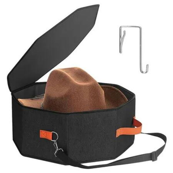 Hat Storage Box Hardboard Support Hat Boxes with 1 Door Hook Hat Organizer,Cowboy Hat Box for Travel(Black)