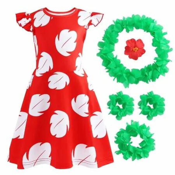 Hawaiian Little Girls Costume Dress with Luau Flower Leis Accessories Flower Hair Clip Toddler Halloween Party Cosplay Outfit Size Label 110