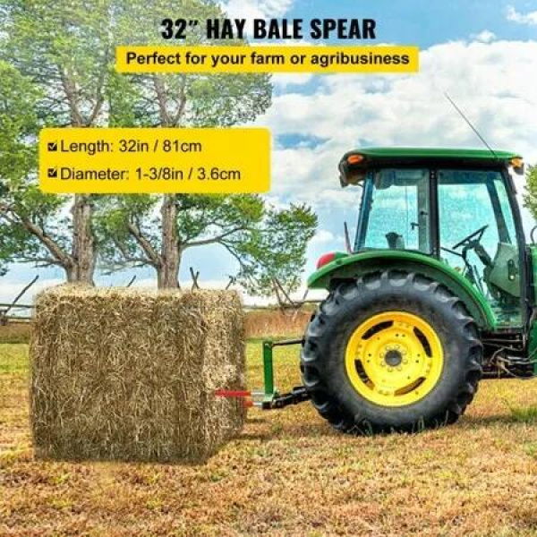 Hay Spear 32' Bale Spear 1350 lbs Capacity, Bale Spike Quick Attach Square Hay Bale Spears 1.4' Wide, Red Coated Bale Forks, Bale Hay Spike with Hex Nut & Sleeve for Buckets Tractors Loaders