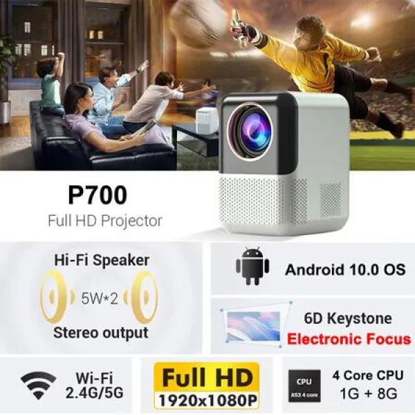 HD P700 Mini WiFi Bluetooth Projector Electric Focus, Built-in 1080p 15000 Lumens Portable Smart TV Projector, Support 4K Office Home