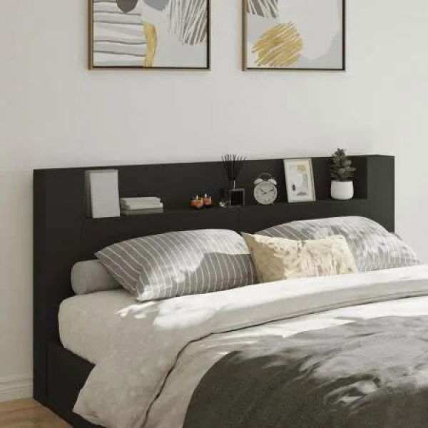 Headboard Cabinet with LED Black 200x16.5x103.5 cm