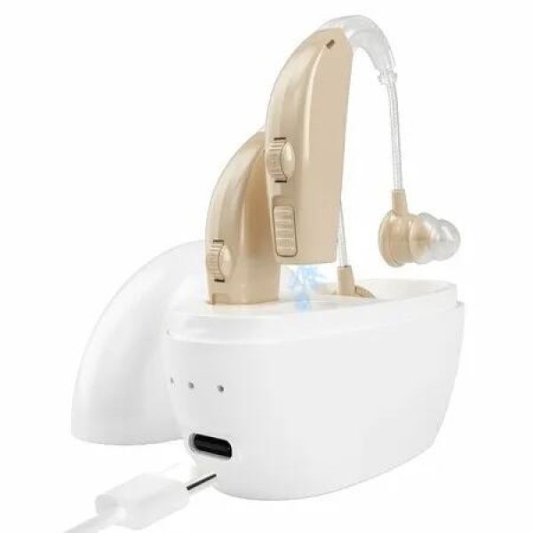 Hearing Aids for Seniors with Hearing Loss, Rechargeable Hearing Amplifiers with Noise Cancelling Volume Control for Women Men, Behind-The-Ear-White
