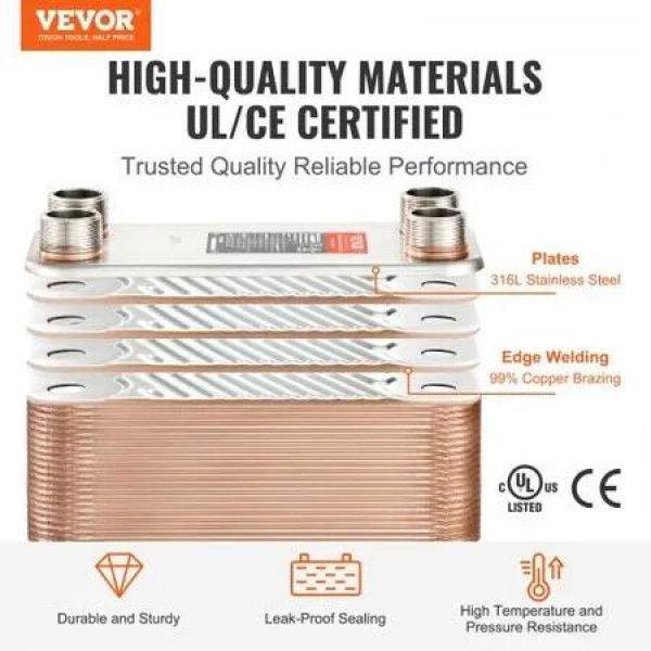 Heat Exchanger 5'x 12' 80 Plates Brazed Plate Heat Exchanger Copper/316L Stainless Steel Water To Water Heat Exchanger For Floor Heating Water Heating