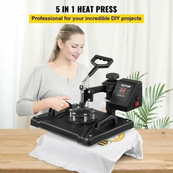 Heat Press 12 X 15 Inch 5 In 1 Heat Press 1250 W Heat Press Machine Swing Away Black Heat Press T-Shirt Sublimation Printer Transfer 360 Degree Rotation for DIY T-Shirts Hat and Shoes