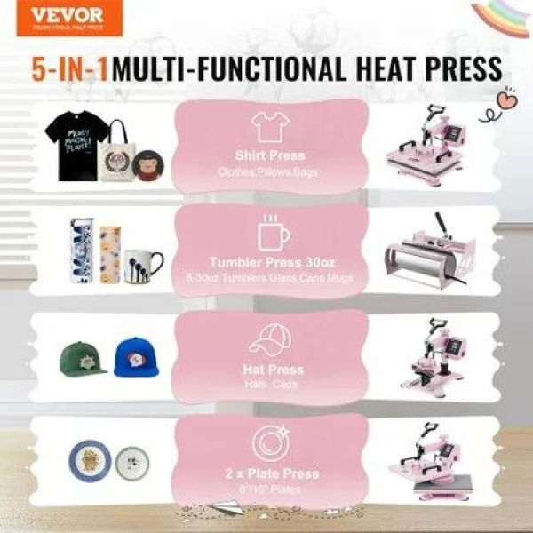 Heat Press Machine 12x15 in 5 in 1 with 30oz Tumbler Press T-Shirts Pink